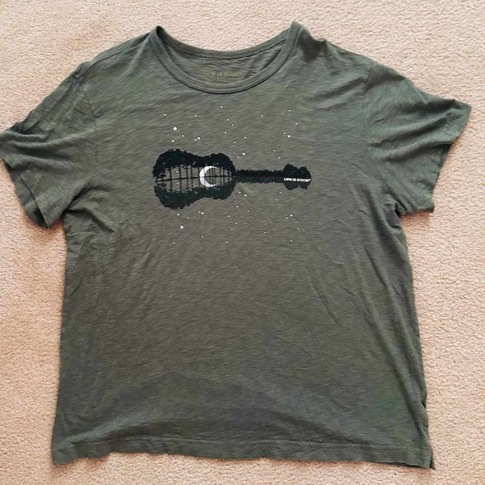 👕Three for $18 T-Shirt Sale Life Is Good Green Guitar Graphic Tee